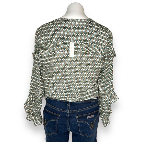 New MAX STUDIO Boho Print Faux Wrap Chiffon Boho Peasant Blouse Long Sleeve Sz M - Picture 3 of 11